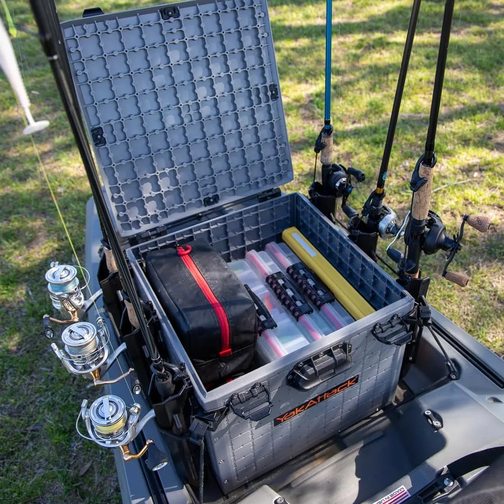 YakAttack BlackPak Pro 16" x 16" Kayak Fishing Crate with 6 Rod Holders - Battleship Grey | Tackle Storage Box & Fishing Gear Organizer | Lightweight, Durable & Customizable Kayak Fishing Accessory