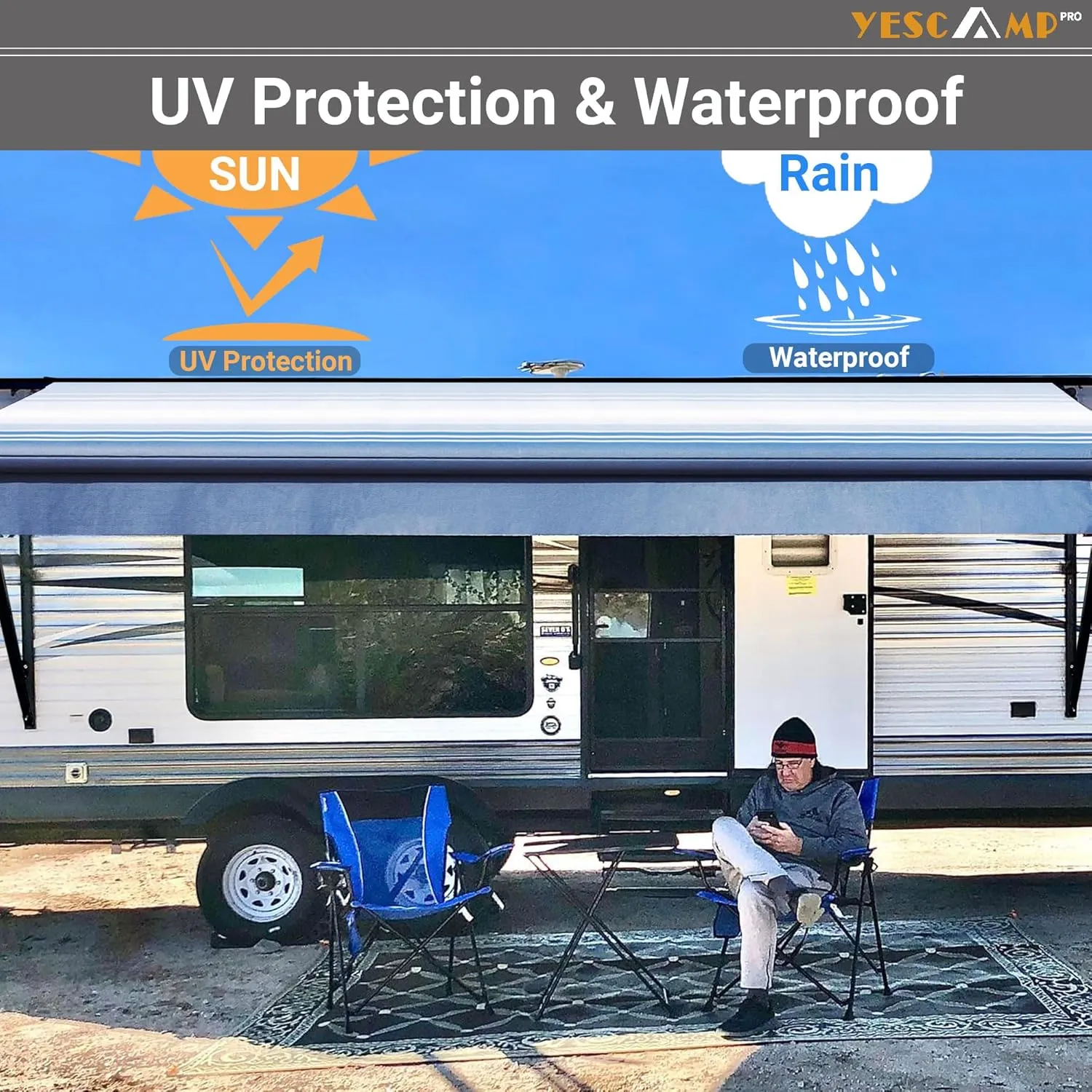 YESCAMP Manual RV Awning Complete Kit Retractable Camper Awning for RV or Trailers RV Roll Out Awning for Camper or 5th Wheel,Travel Trailers,Toy Haulers,Motohome(10Ft,Black Frame,Blue Fade)