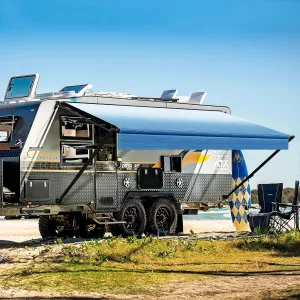 YESCAMP Manual RV Awning Complete Kit Retractable Camper Awning for RV or Trailers RV Roll Out Awning for Camper or 5th Wheel,Travel Trailers,Toy Haulers,Motohome(10Ft,Black Frame,Blue Fade)