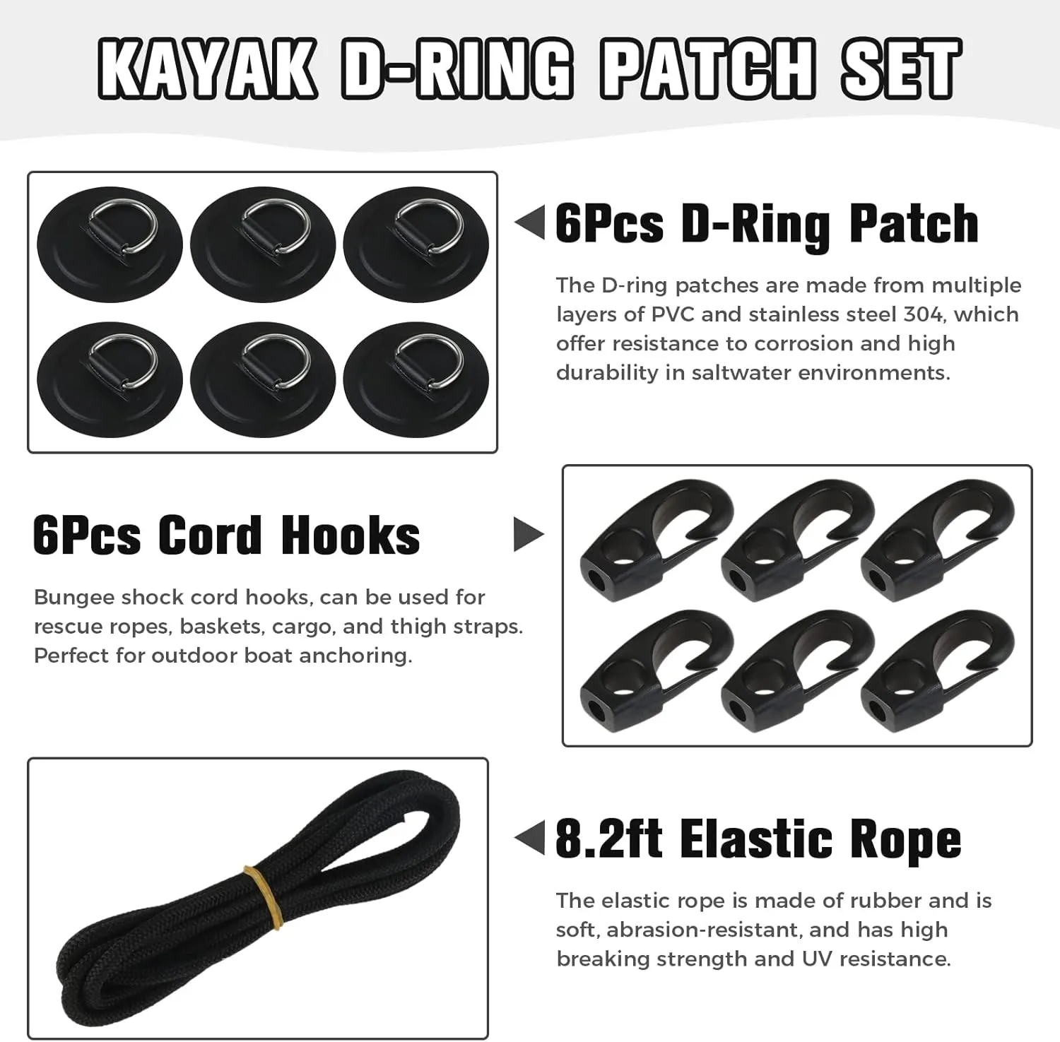Yetaha 6 Pack Stainless Steel D Rings PVC Patch, 8.2ft Bungee Cord with Hooks Deck Rigging Kit for Inflatable Boat Kayak Dinghy SUP Deck Stand up Paddleboard Rafting Accessorie