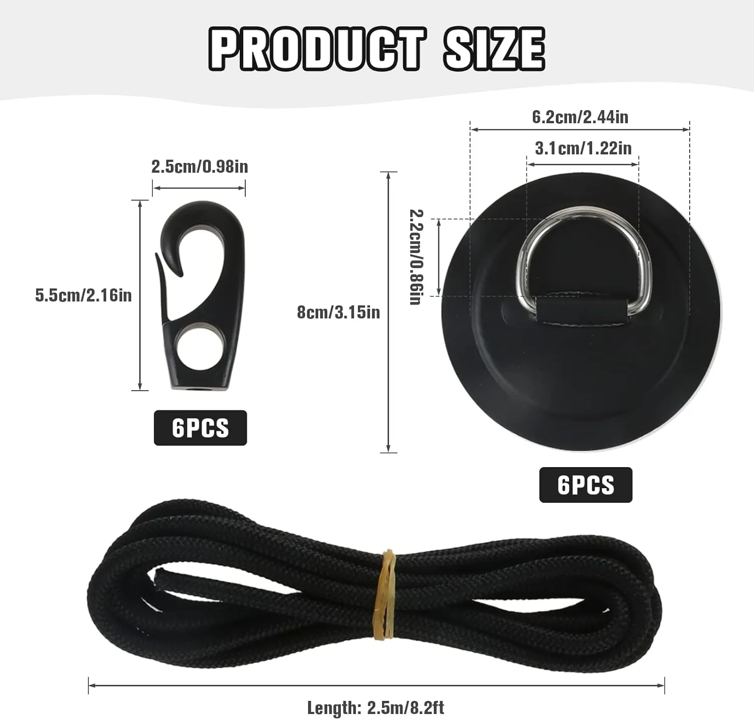 Yetaha 6 Pack Stainless Steel D Rings PVC Patch, 8.2ft Bungee Cord with Hooks Deck Rigging Kit for Inflatable Boat Kayak Dinghy SUP Deck Stand up Paddleboard Rafting Accessorie
