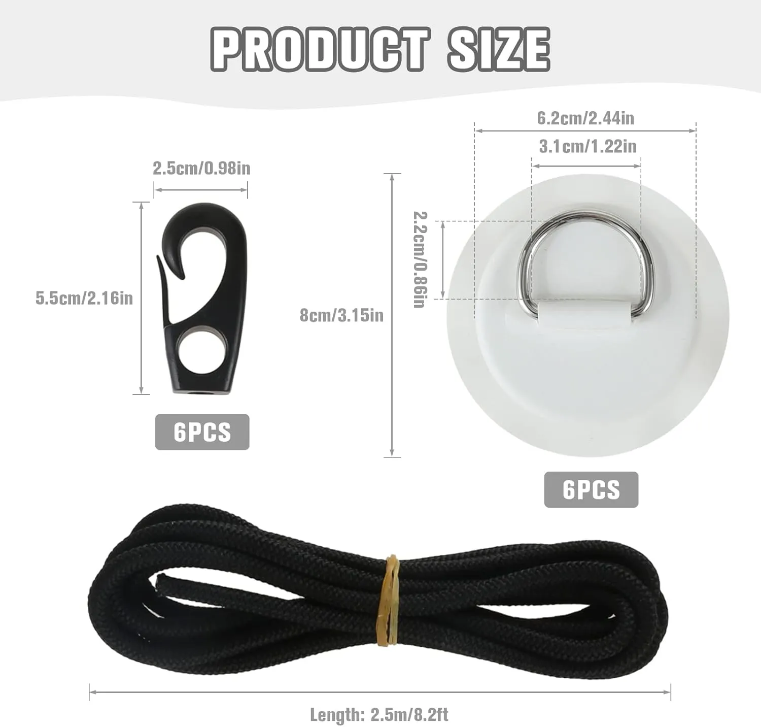 Yetaha 6 Pack Stainless Steel D Rings PVC Patch, 8.2ft Bungee Cord with Hooks Deck Rigging Kit for Inflatable Boat Kayak Dinghy SUP Deck Stand up Paddleboard Rafting Accessorie