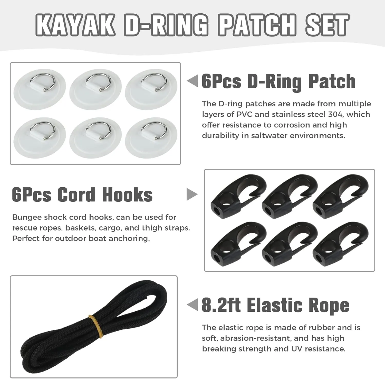 Yetaha 6 Pack Stainless Steel D Rings PVC Patch, 8.2ft Bungee Cord with Hooks Deck Rigging Kit for Inflatable Boat Kayak Dinghy SUP Deck Stand up Paddleboard Rafting Accessorie
