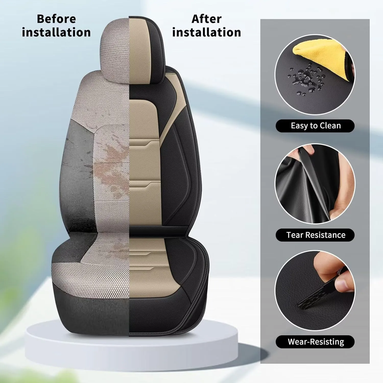 YORKNEIC 2 Front Car Seat Covers for Jeep Gladiator 2020-2024 2025 Faux Leather Waterproof Seat Covers Automotive Seat Protectors Cushions with Airbag Compatible(2 Front Seat,Black&Beige)