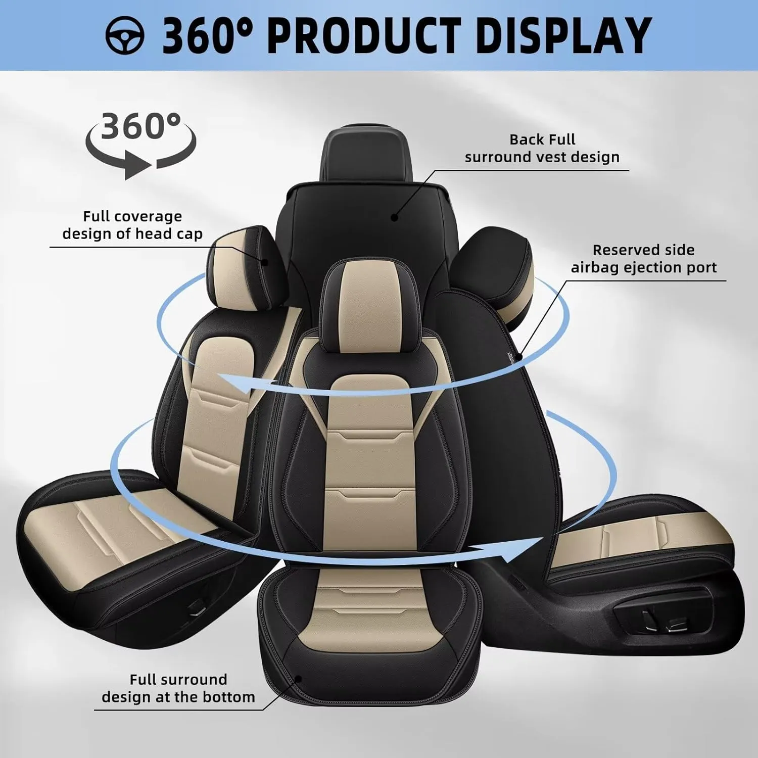 YORKNEIC 2 Front Car Seat Covers for Jeep Gladiator 2020-2024 2025 Faux Leather Waterproof Seat Covers Automotive Seat Protectors Cushions with Airbag Compatible(2 Front Seat,Black&Beige)