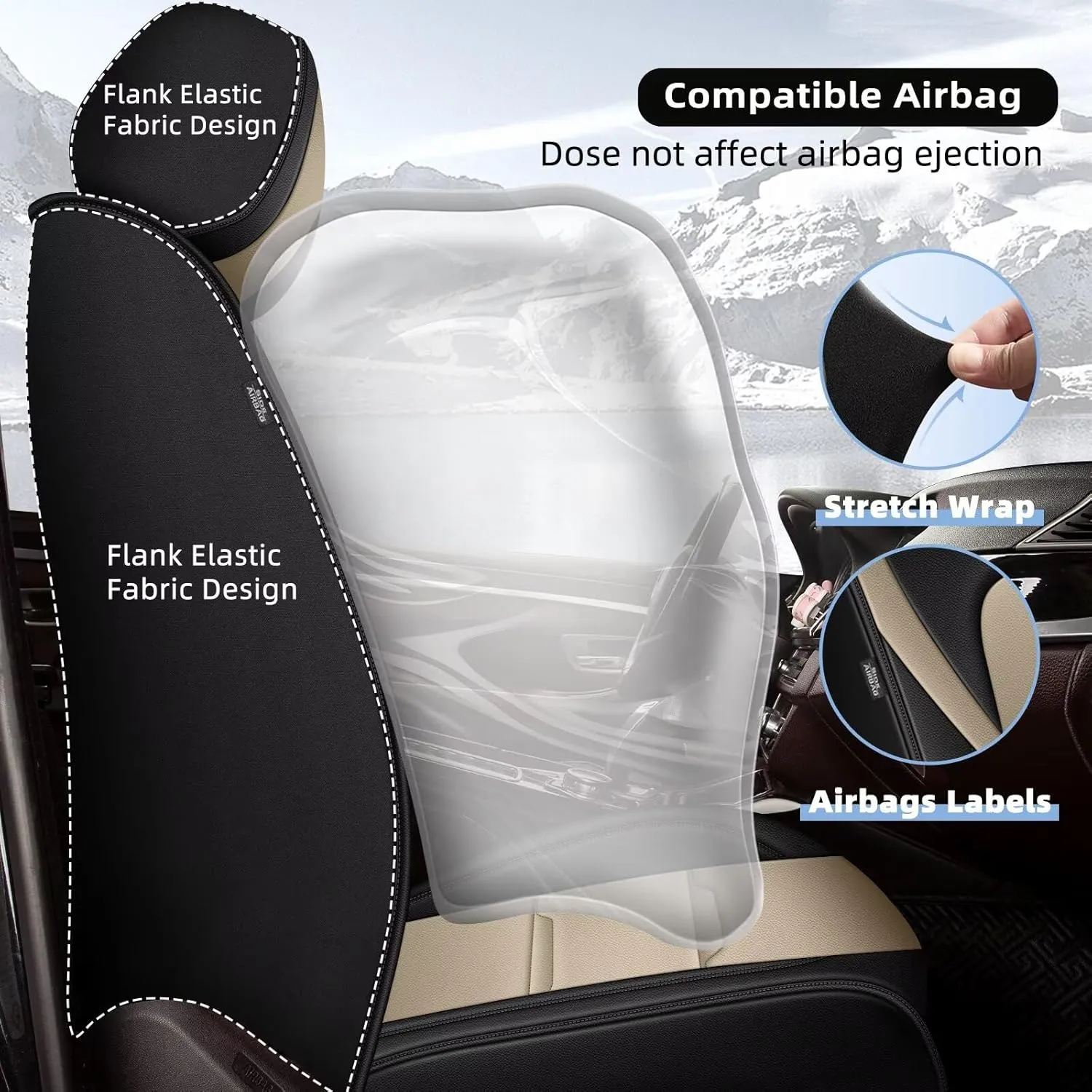 YORKNEIC 2 Front Car Seat Covers for Jeep Gladiator 2020-2024 2025 Faux Leather Waterproof Seat Covers Automotive Seat Protectors Cushions with Airbag Compatible(2 Front Seat,Black&Beige)