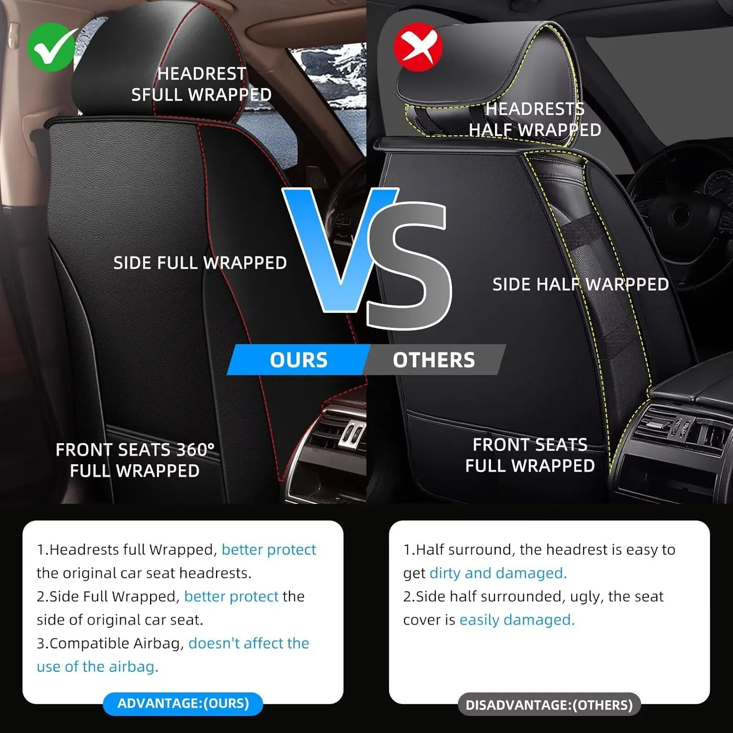 YORKNEIC 2 Front Car Seat Covers for Jeep Gladiator 2020-2024 2025 Faux Leather Waterproof Seat Covers Automotive Seat Protectors Cushions with Airbag Compatible(2 Front Seat,Black&Beige)