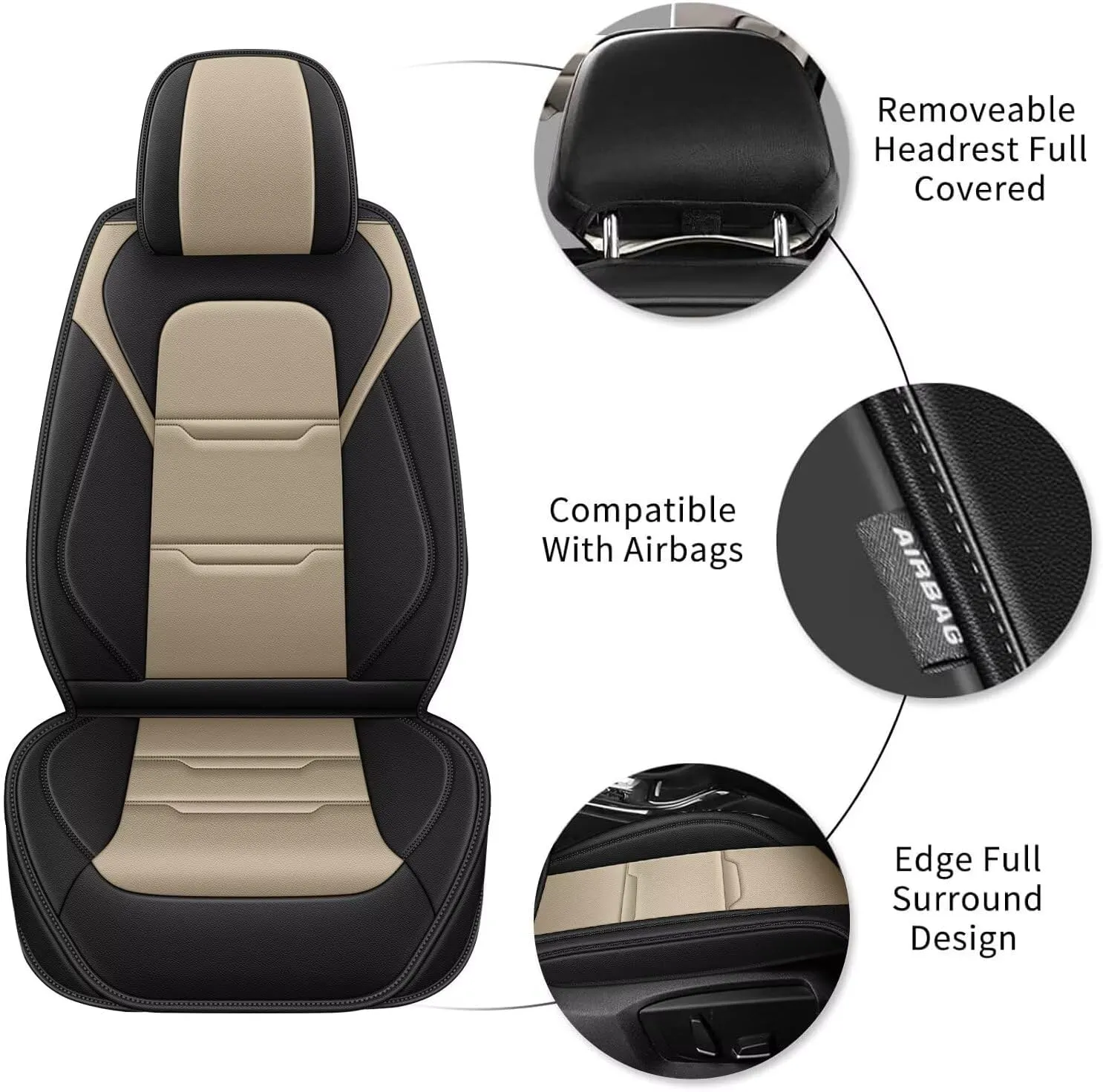 YORKNEIC 2 Front Car Seat Covers for Jeep Gladiator 2020-2024 2025 Faux Leather Waterproof Seat Covers Automotive Seat Protectors Cushions with Airbag Compatible(2 Front Seat,Black&Beige)
