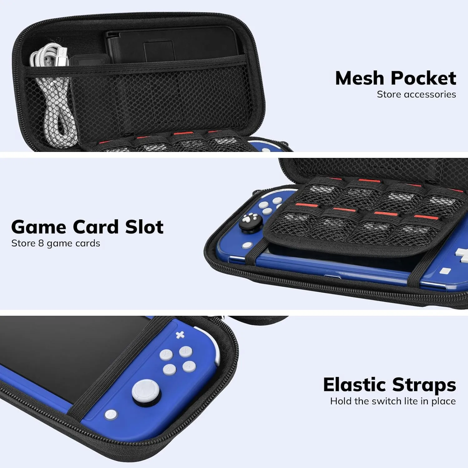Younik Switch Lite Case, Portable Switch Lite Carrying Case, 14 in 1 Accessories Kit with Carrying Case, Protective Cover, Game Card Case, Screen Protectors, Thumb Grips, Pendant and straps (Black)
