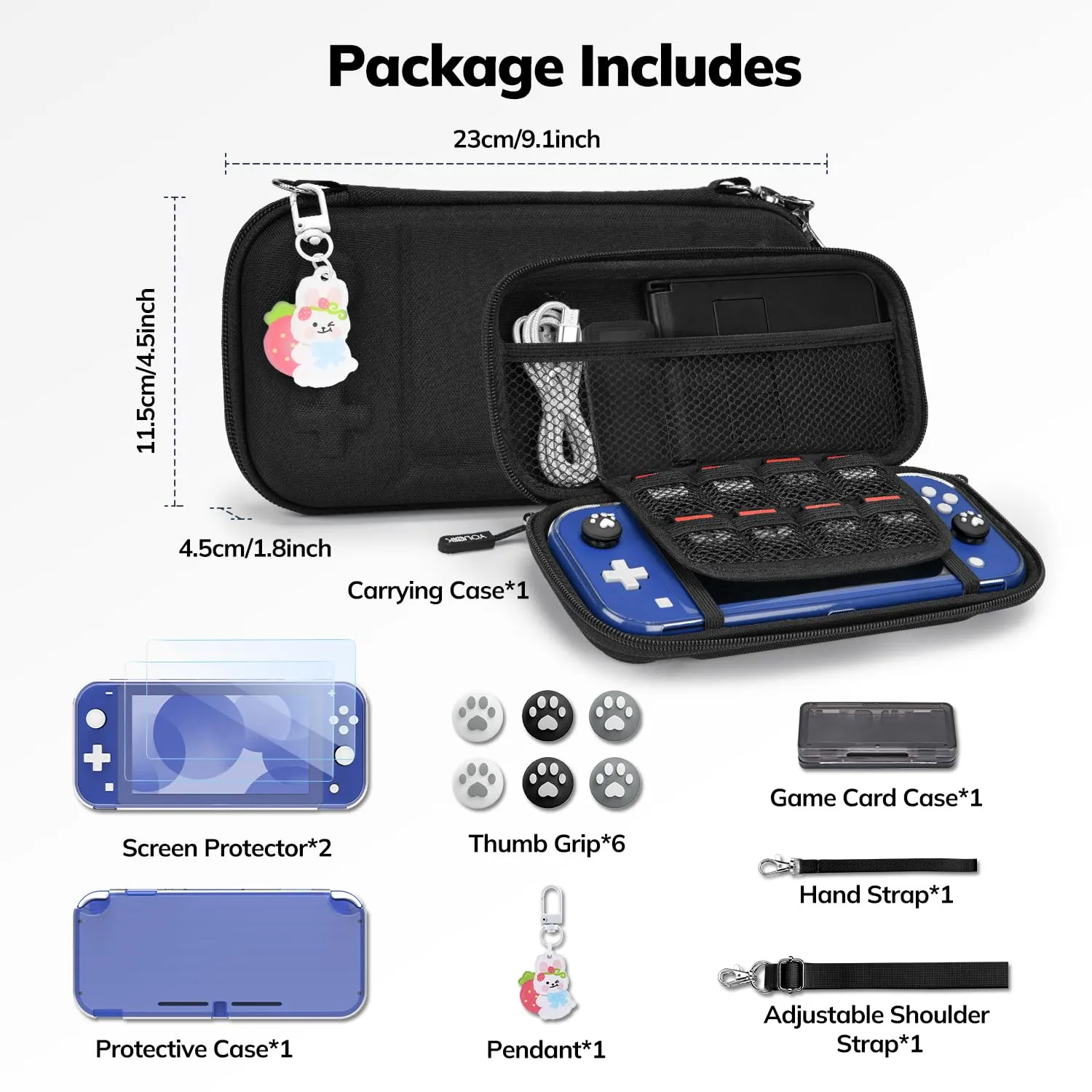 Younik Switch Lite Case, Portable Switch Lite Carrying Case, 14 in 1 Accessories Kit with Carrying Case, Protective Cover, Game Card Case, Screen Protectors, Thumb Grips, Pendant and straps (Black)