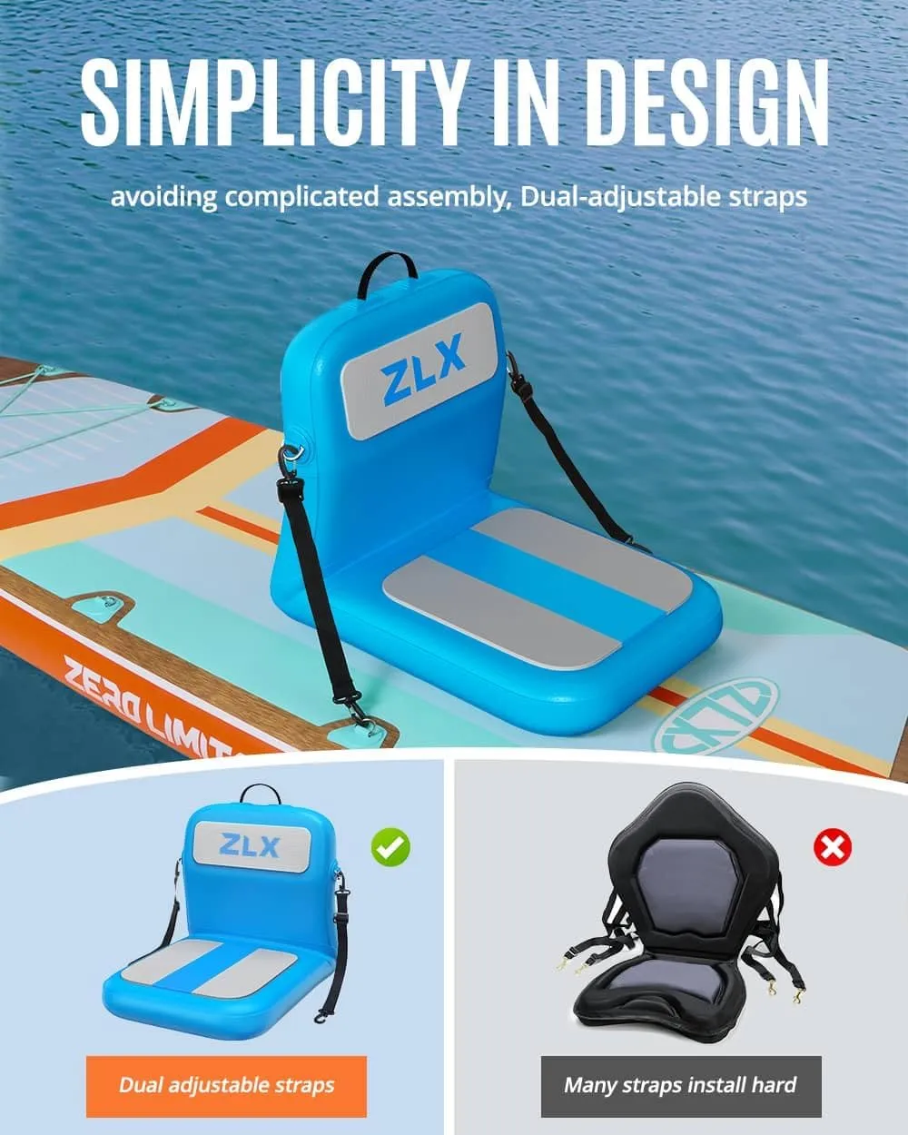 ZLX Paddle Board Seat with Back Support, Portable Kayak Seat, Air Pump Included, Universal Inflatable Seat for Adults, Foldable Ergonomic Design, Easy Fix for Outdoor Fishing/Kayaking/Camping