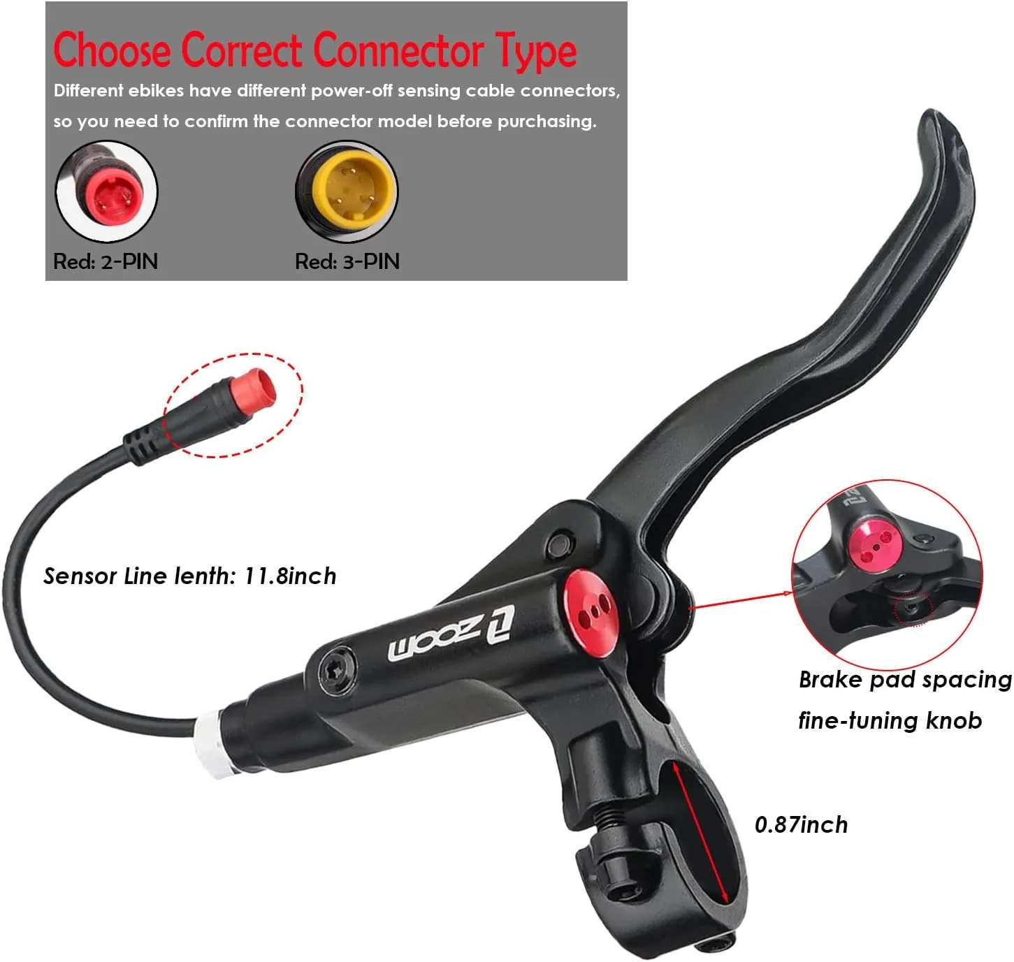 Zoom eBike Hydraulic Brake Upgrade Kit – 2/3 PIN Male Waterproof Power-Off Sensor Connector, Pre-Bled Brake Levers & Calipers with 160mm Rotors